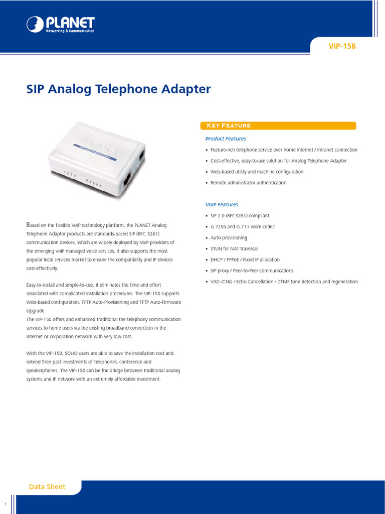 SIP Analog Telephone Adapter: Key Feature | PDF | Voice Over Ip ...