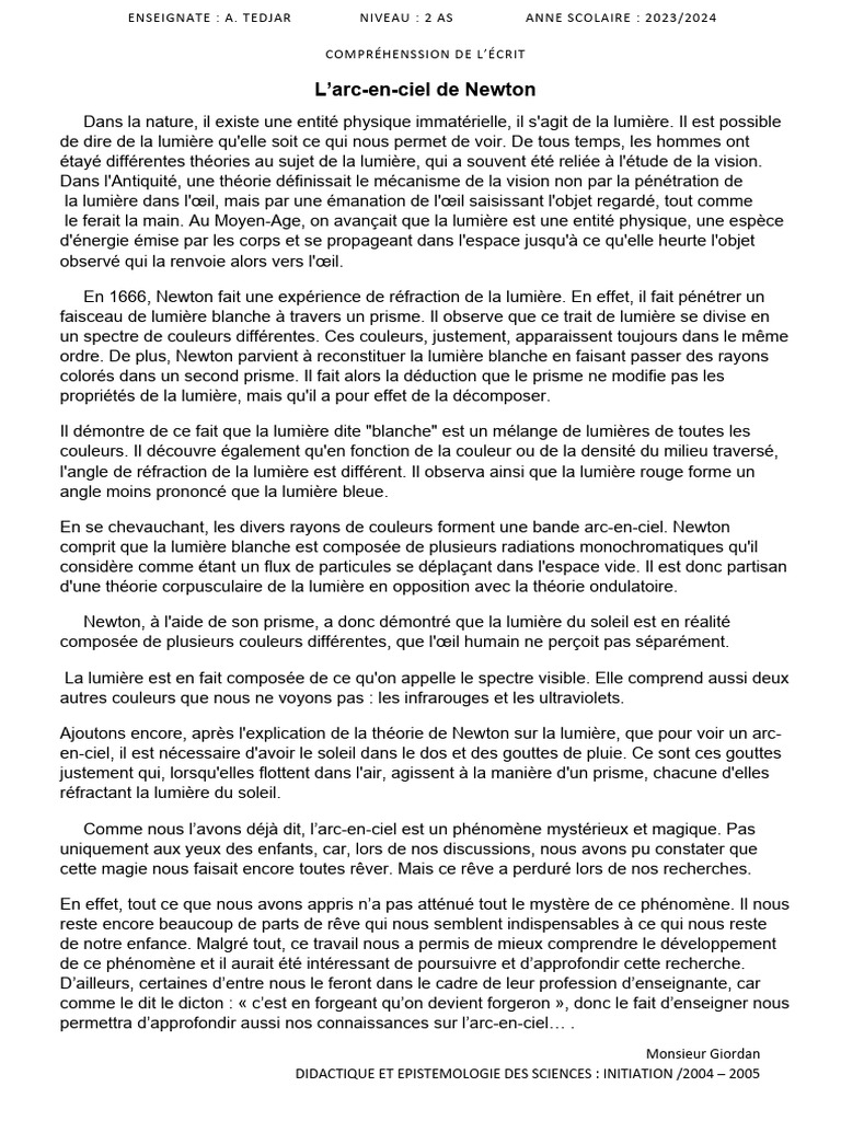 Lumière et arcenciel selon Newton PDF Lumière Isaac Newton — free download