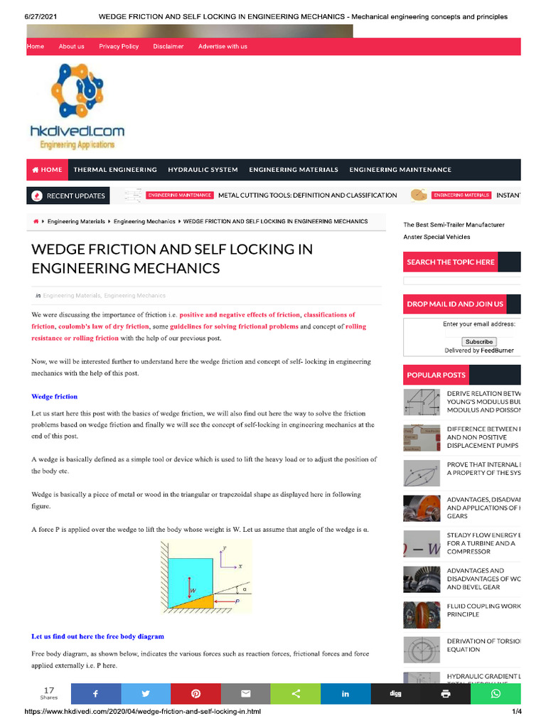 Wedge Friction and Self Locking in Engineering Mechanics | PDF