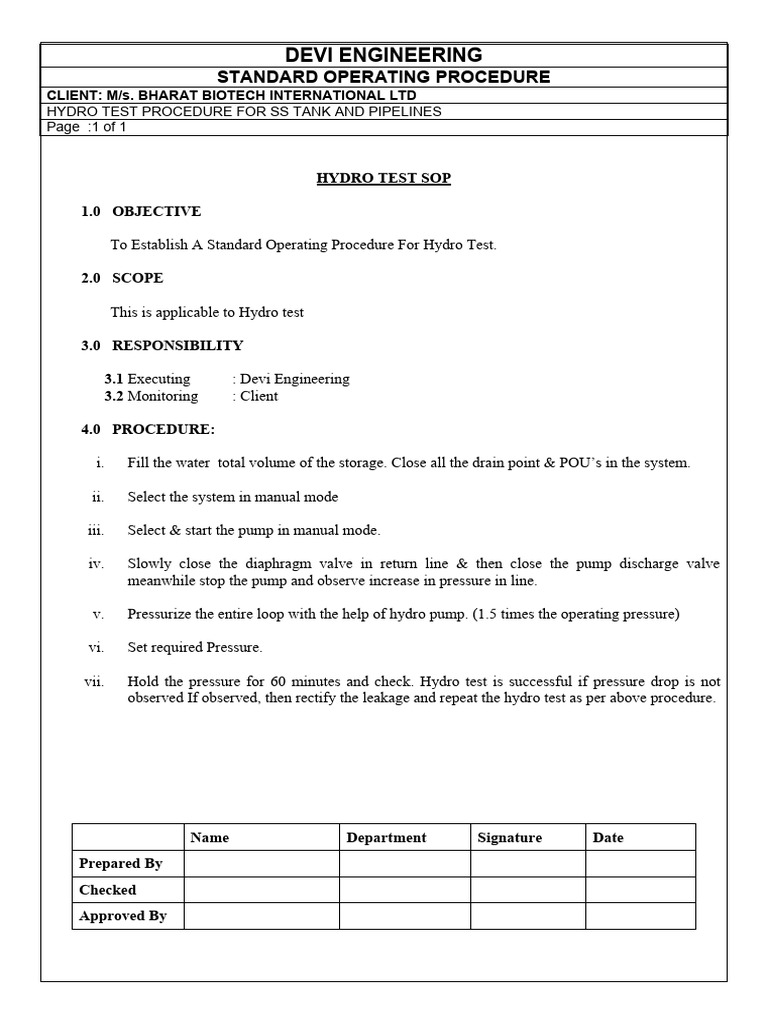 Hydro Test SOP for SS Tanks & Pipelines | PDF