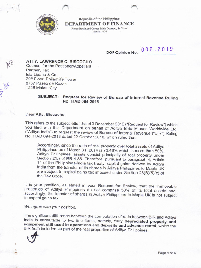 Review of BIR Ruling on Capital Gains Tax | PDF | Depreciation ...