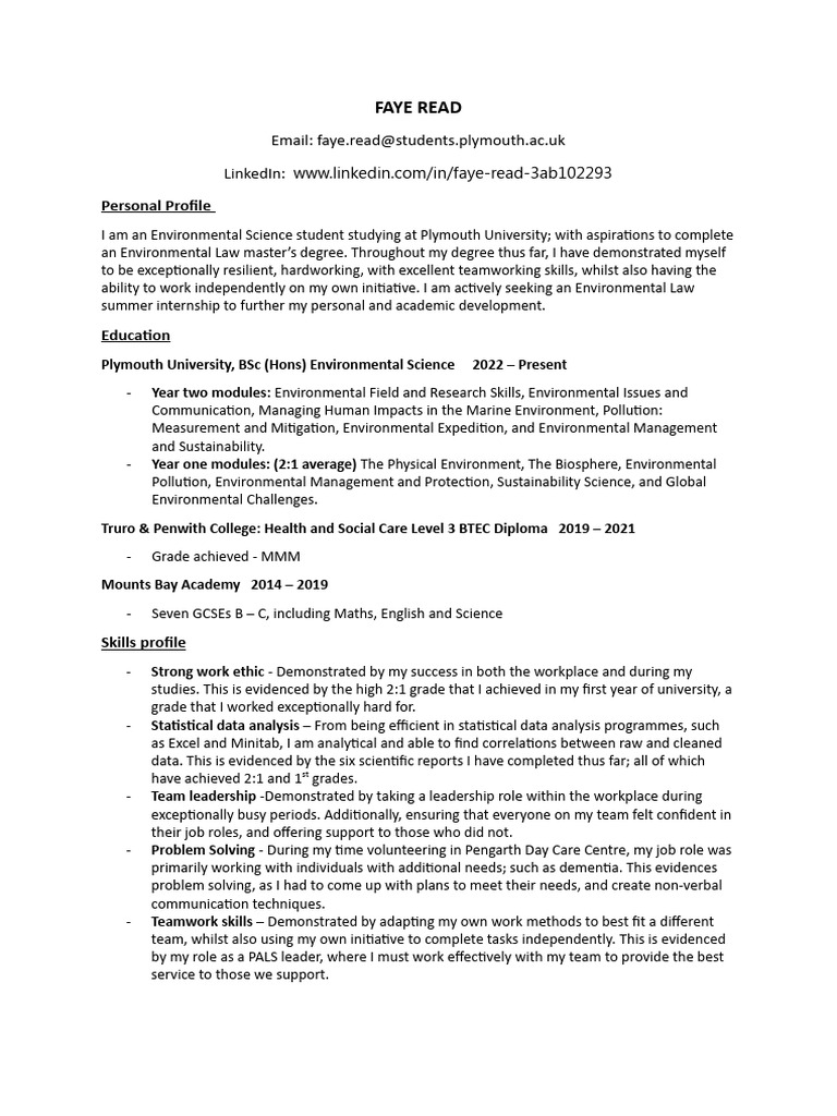 Faye Read CV 2 PDF Mentorship Sustainability