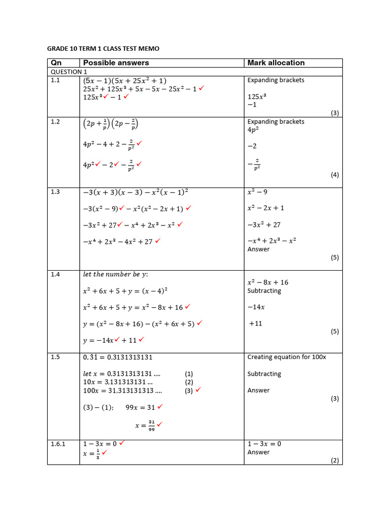 Grade 10 Term 1 Math Test Memo | PDF