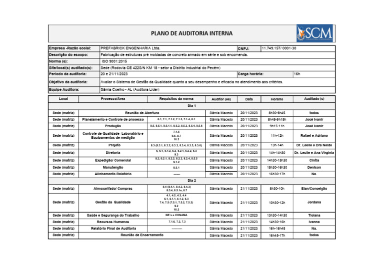 Plano De Auditoria Interna Pdf Gestão De Qualidade Produção E