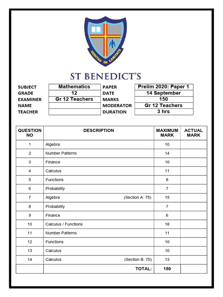 Gr 12 Prelim 2020 Paper 1 Pdf Tangent Calculus