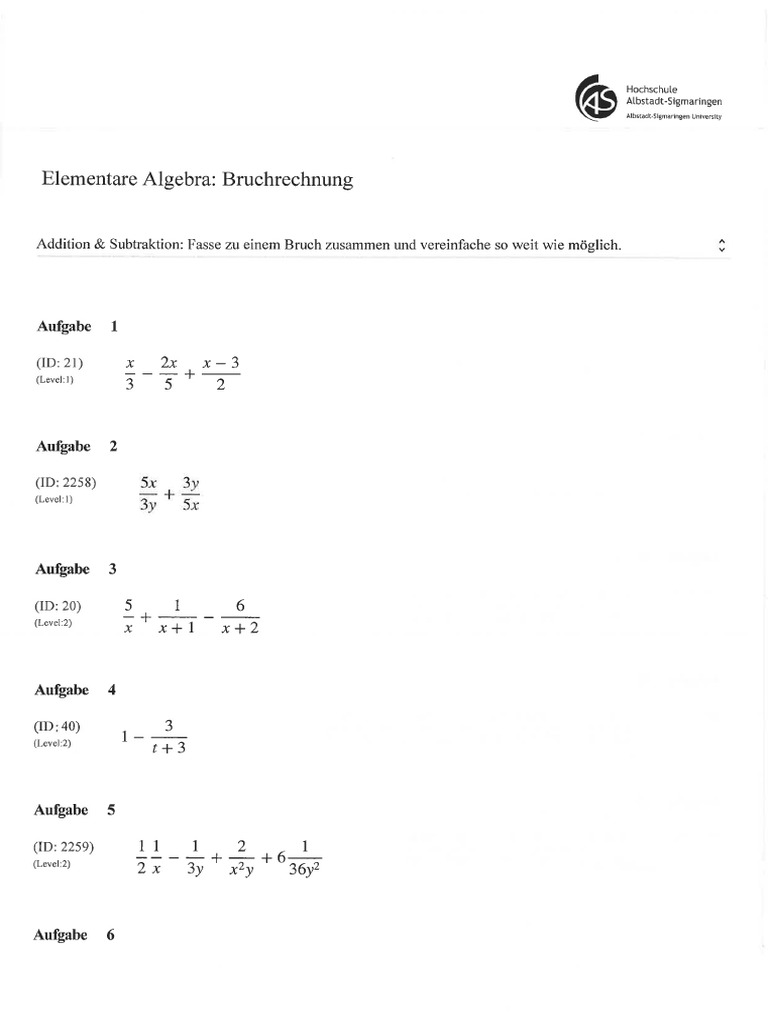 Bruchrechnung Aufgaben Mit Losungen Pdf