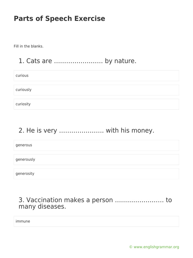 Parts of Speech Exercise PDF