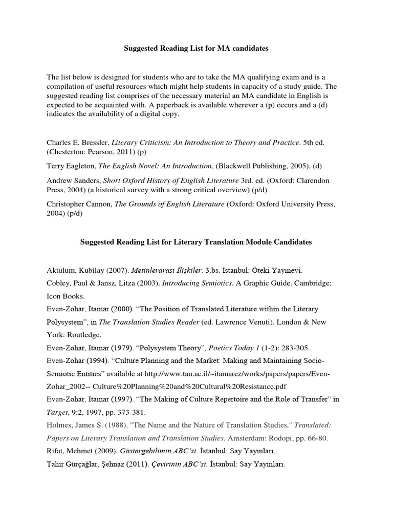MA Candidates Suggested Reading List | PDF | Translations | Applied ...