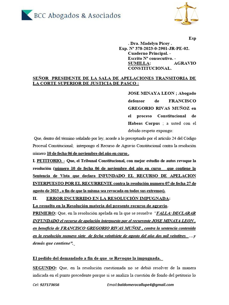 Recurso de Agravio Constitucional en Habeas Corpus | PDF | Debido al ...