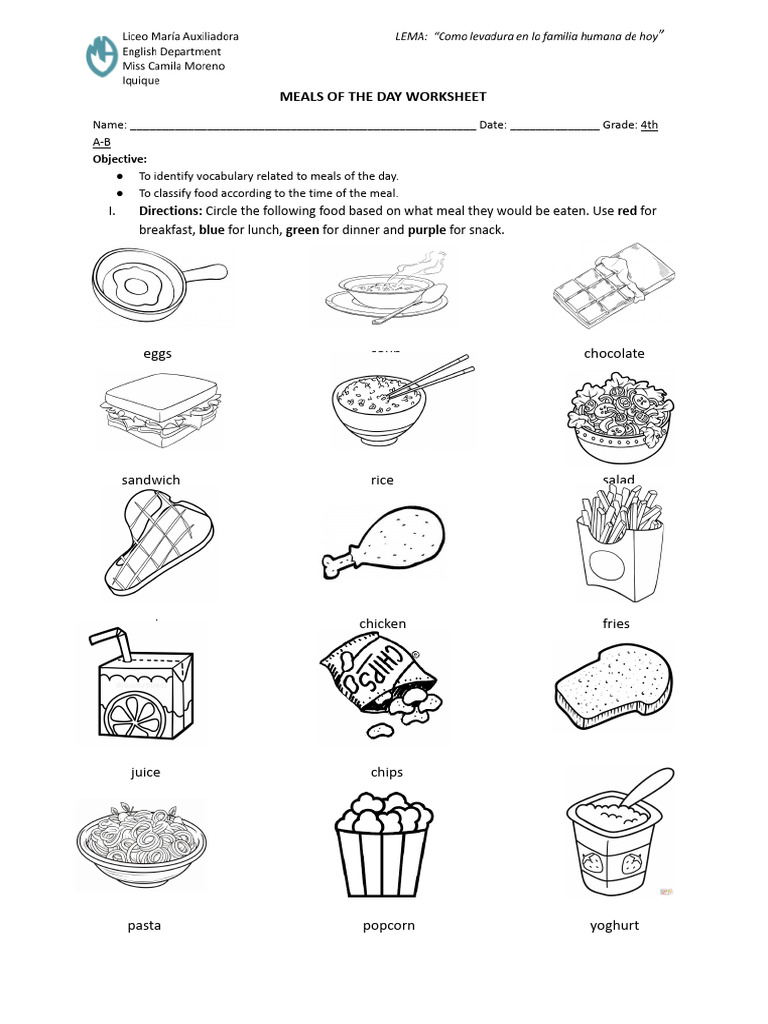 4th Grade Meals of The Day Worksheet PDF