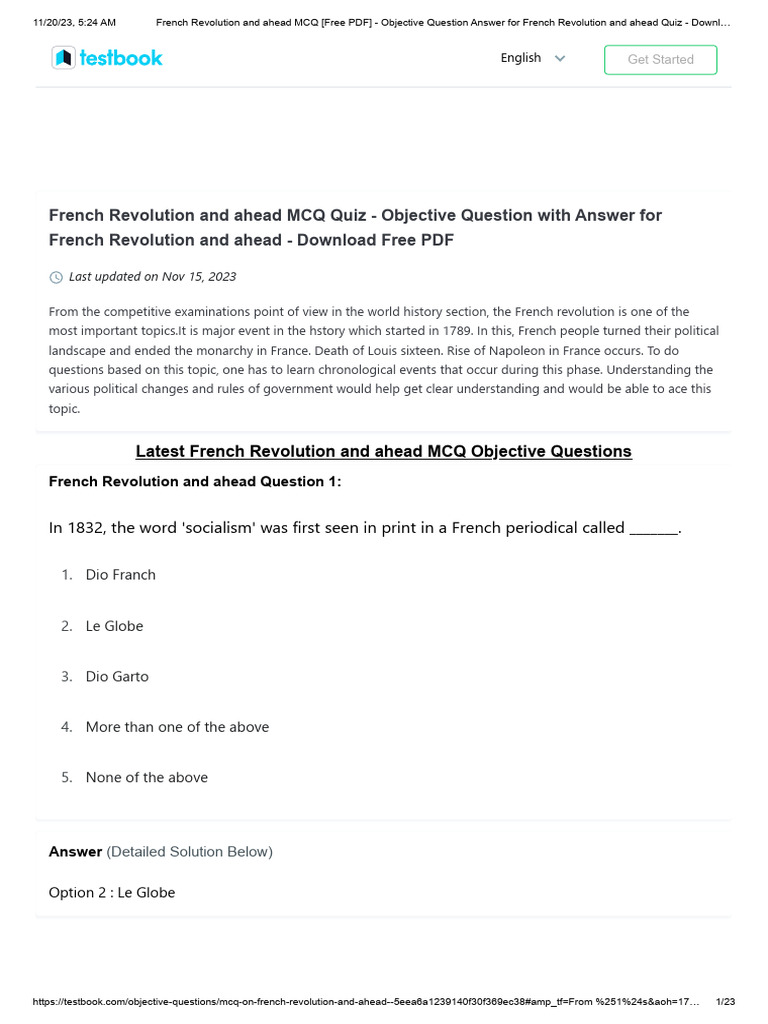 French Revolution Mcqs | PDF | Napoleon | French Revolution
