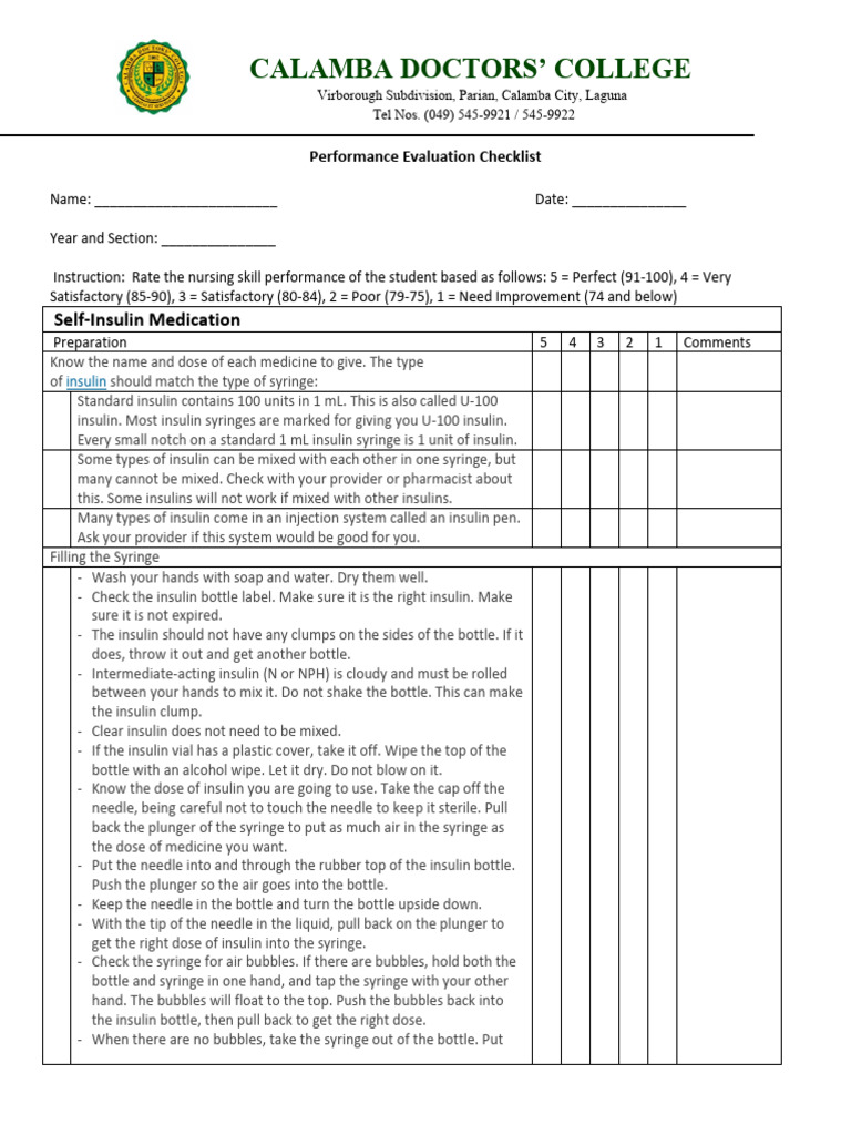 Insulin Injection Technique Checklist | PDF | Syringe | Injection ...