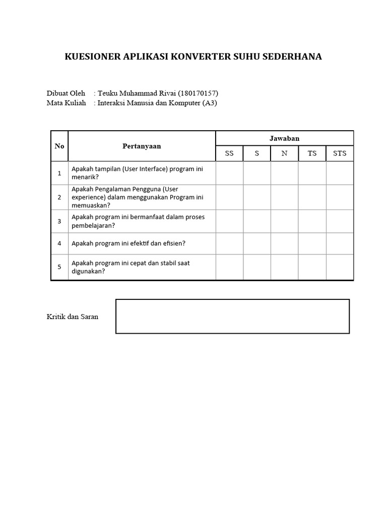 Kuesioner aplikasi konverter suhu sederhana pdf