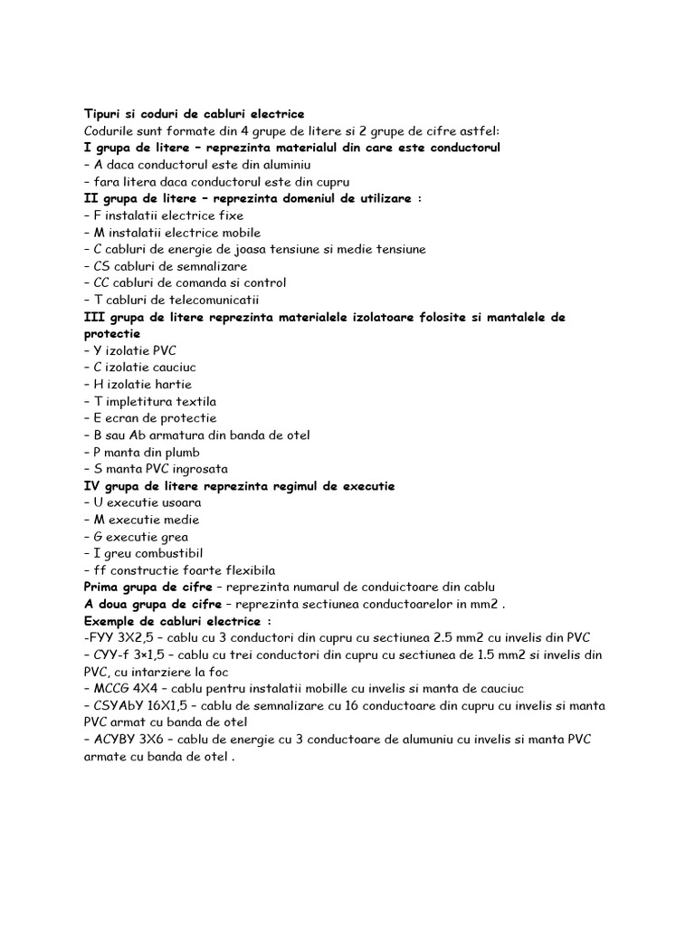 Tipuri Si Coduri de Cabluri Electrice | PDF