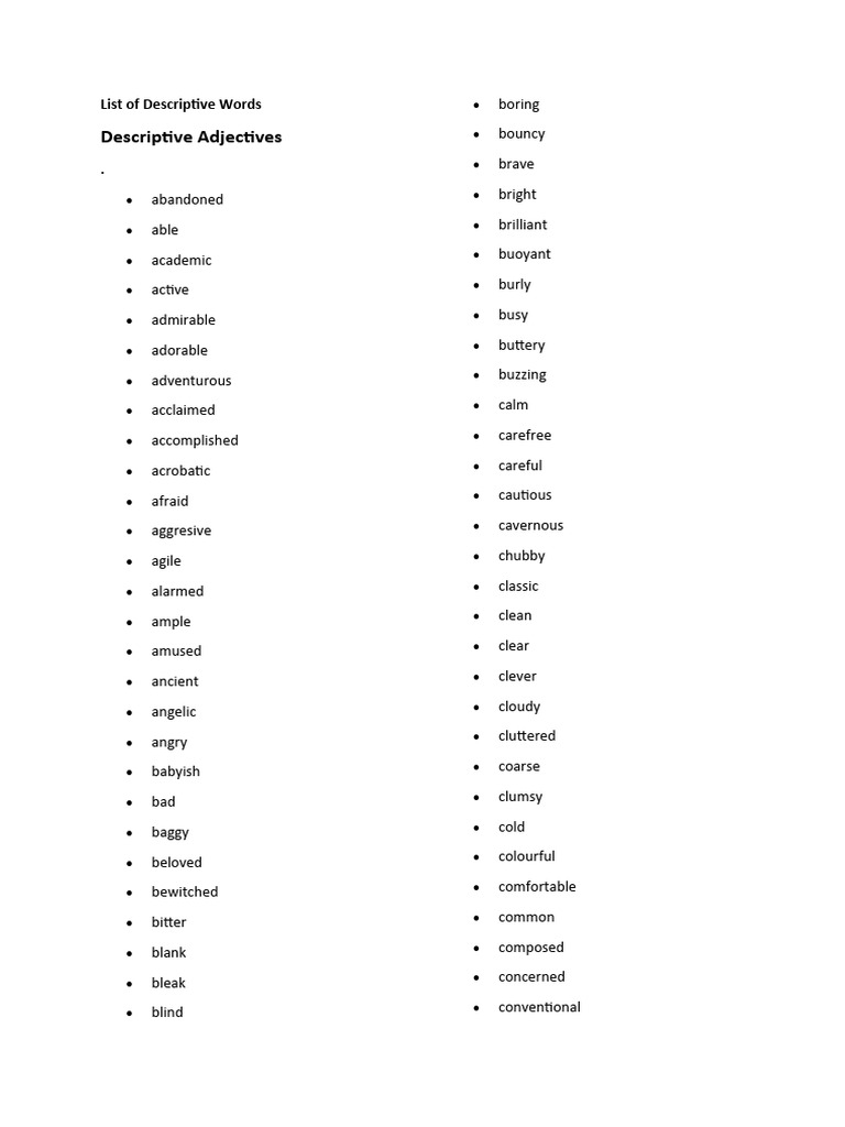 List of Descriptive Words PDF
