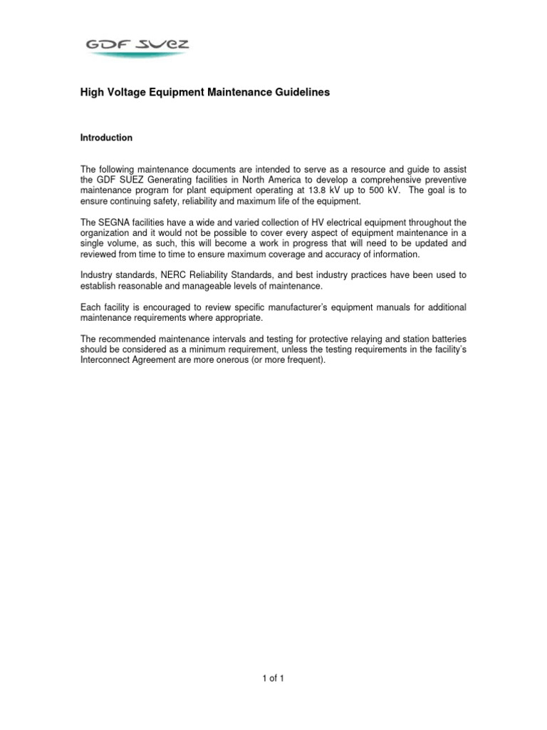 HV Equipment Maintenance Guidelines Rev 0 PDF Transformer