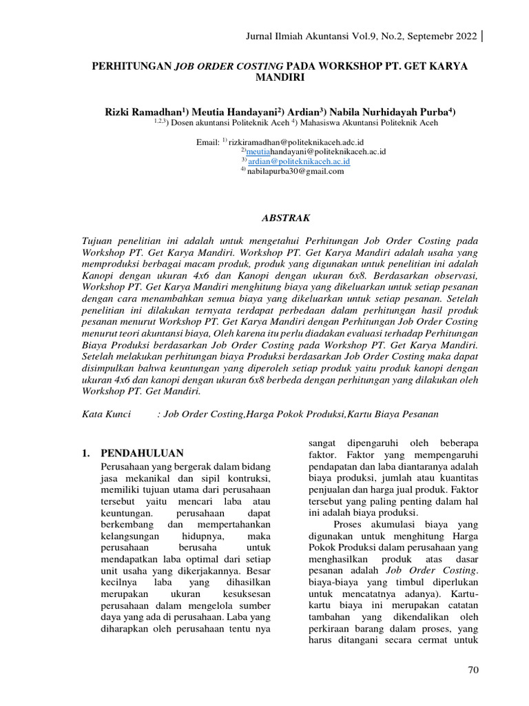 Perhitungan Job Order Costing Pada Workshop Pt. Get Karya Mandiri | PDF