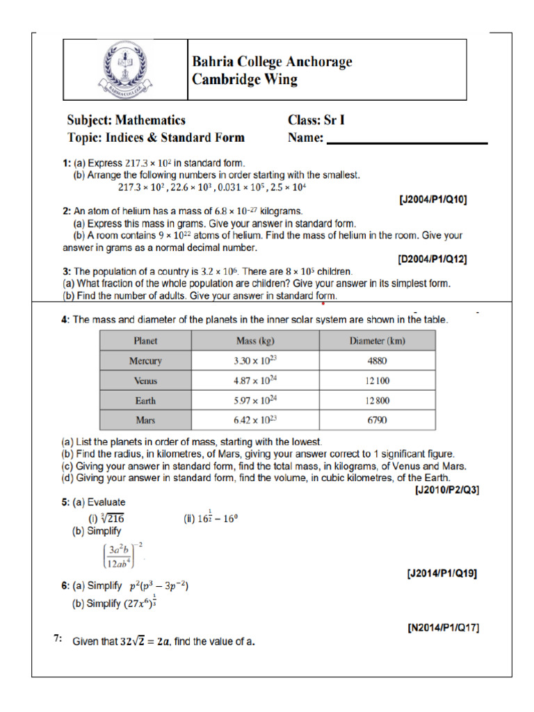 Indices Standard Form Worksheet PDF