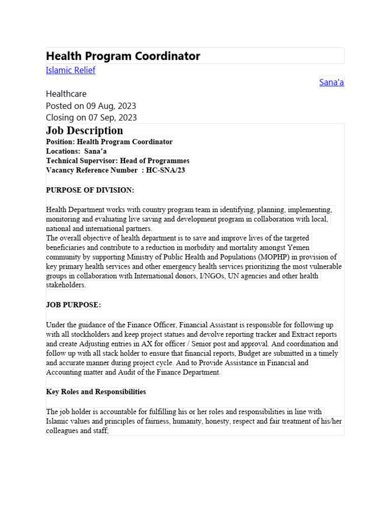 Islamic Relief - Health Program Coordinator | PDF | Non Governmental ...