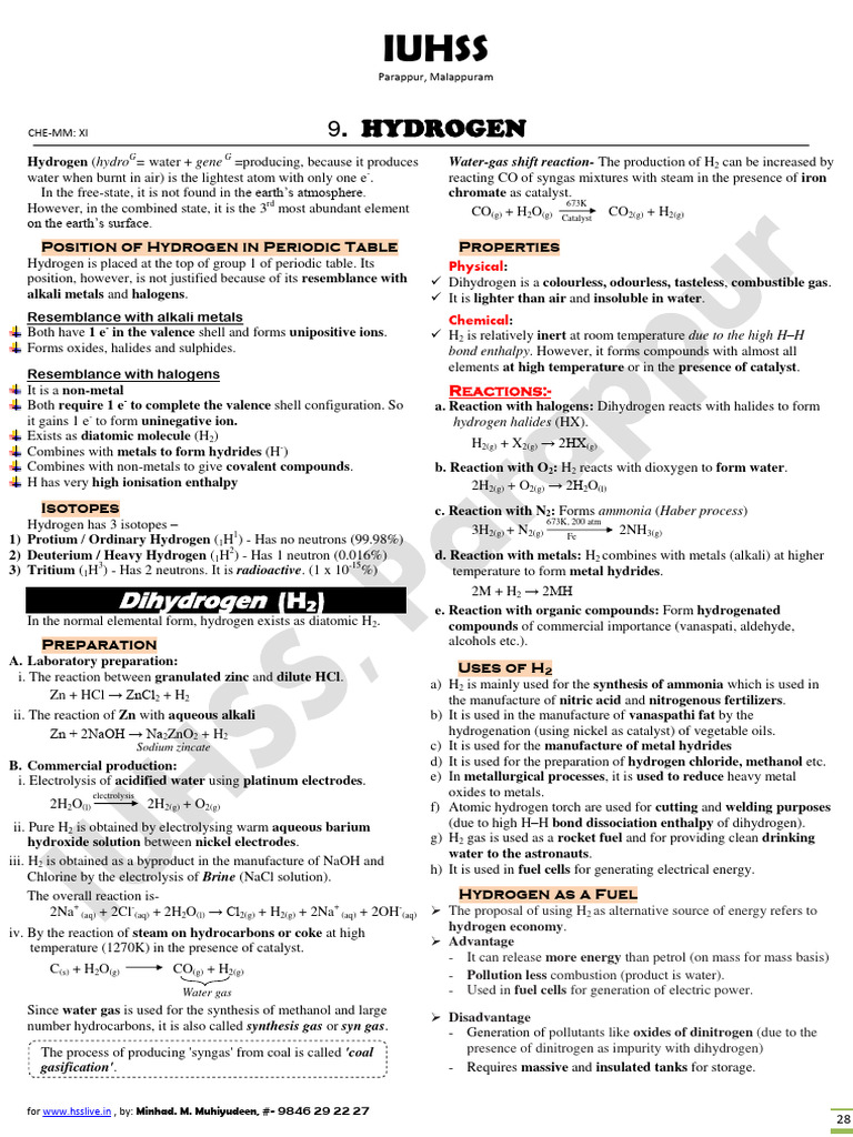 Hsslive XI Chemistry CH 9 Hydrogen | PDF | Hydrogen | Hydride