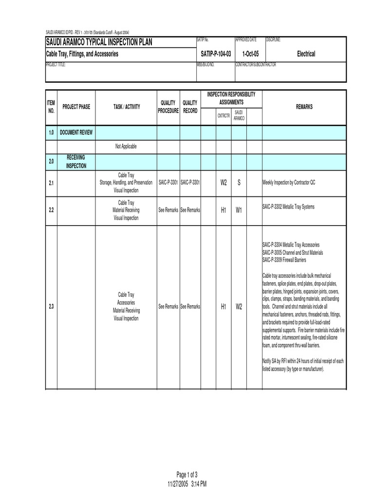 Saudi Aramco Cable Tray Inspection Guide | PDF | Equipment | Materials