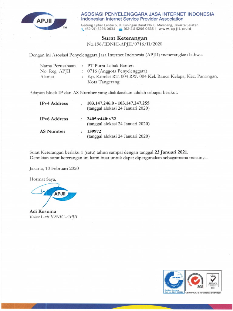 196 - Surat Keterangan IP PT Putra Lebak Banten | PDF
