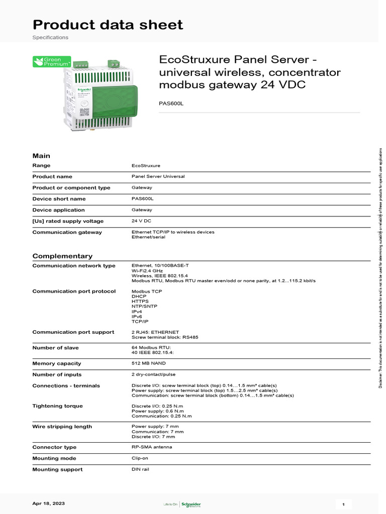 EcoStruxure Panel Server PAS600L Overview | PDF | Computer Network ...