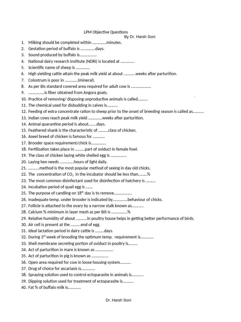 LPM Objective Questions Bank | PDF | Sheep | Chicken