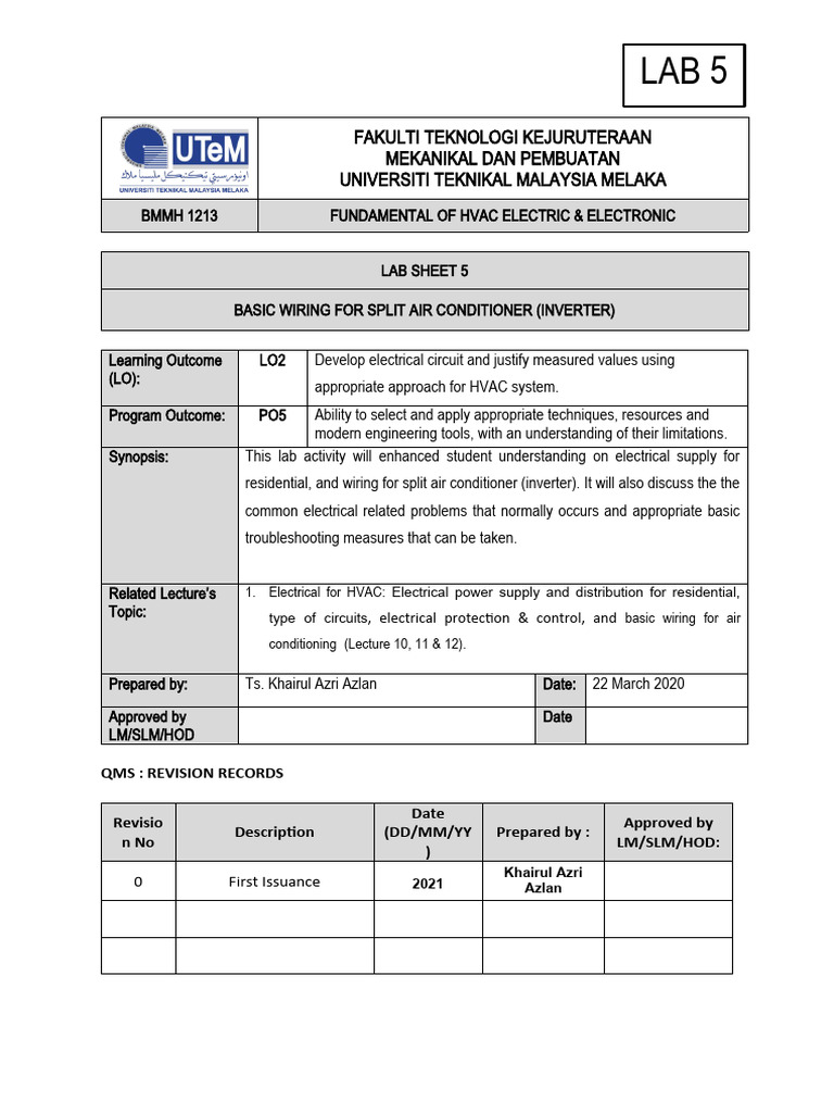 Lab 5 - Basic Wiring For Split Air Conditioner (Inverter) | PDF | Air