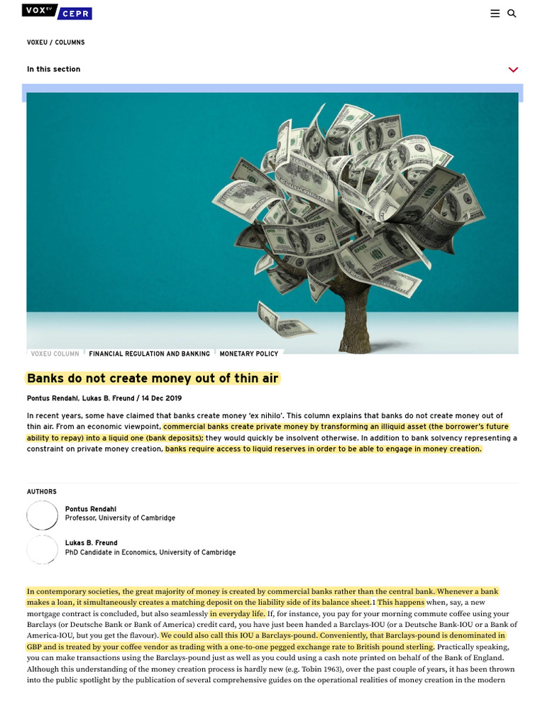 Banks Do Not Create Money Out of Thin Air CEPR PDF Banks Money