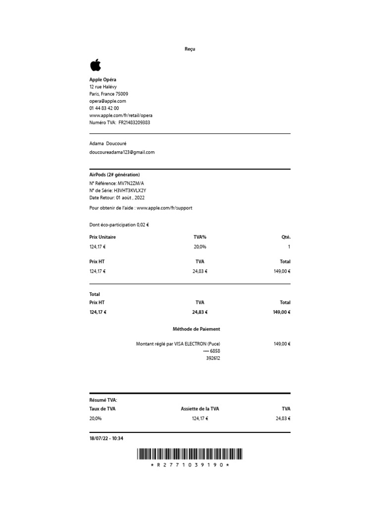 Facture Apple AirPods | PDF | Taxe sur la valeur ajoutée | Paiements