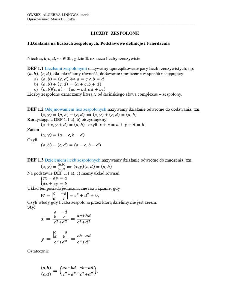 01 Liczby Zespolone Teoria PDF