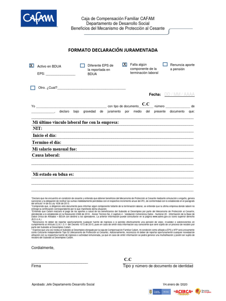 Formato de Declaración Juramentada CAFAM | PDF | Pensión | Economias
