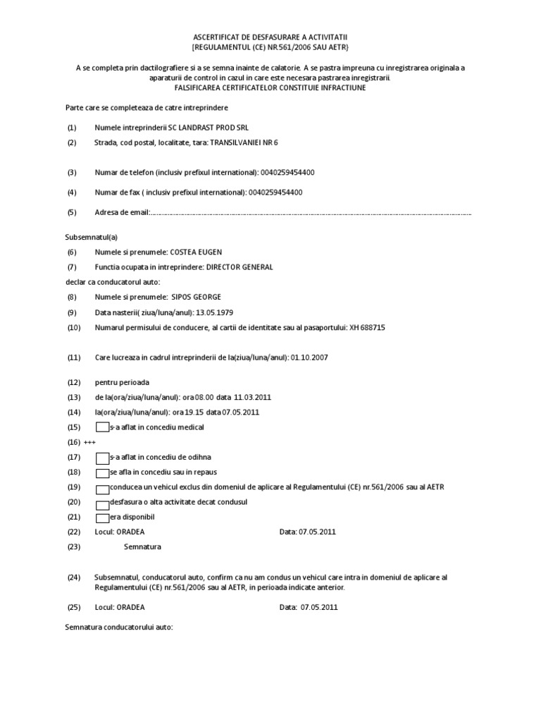 Certificat De Desfasurare A Activitatii Regulamentul Ce Nr 561