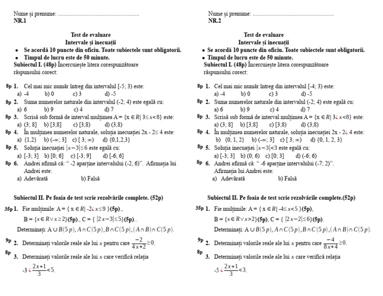 Test Intervale Clasa A 8 A | PDF