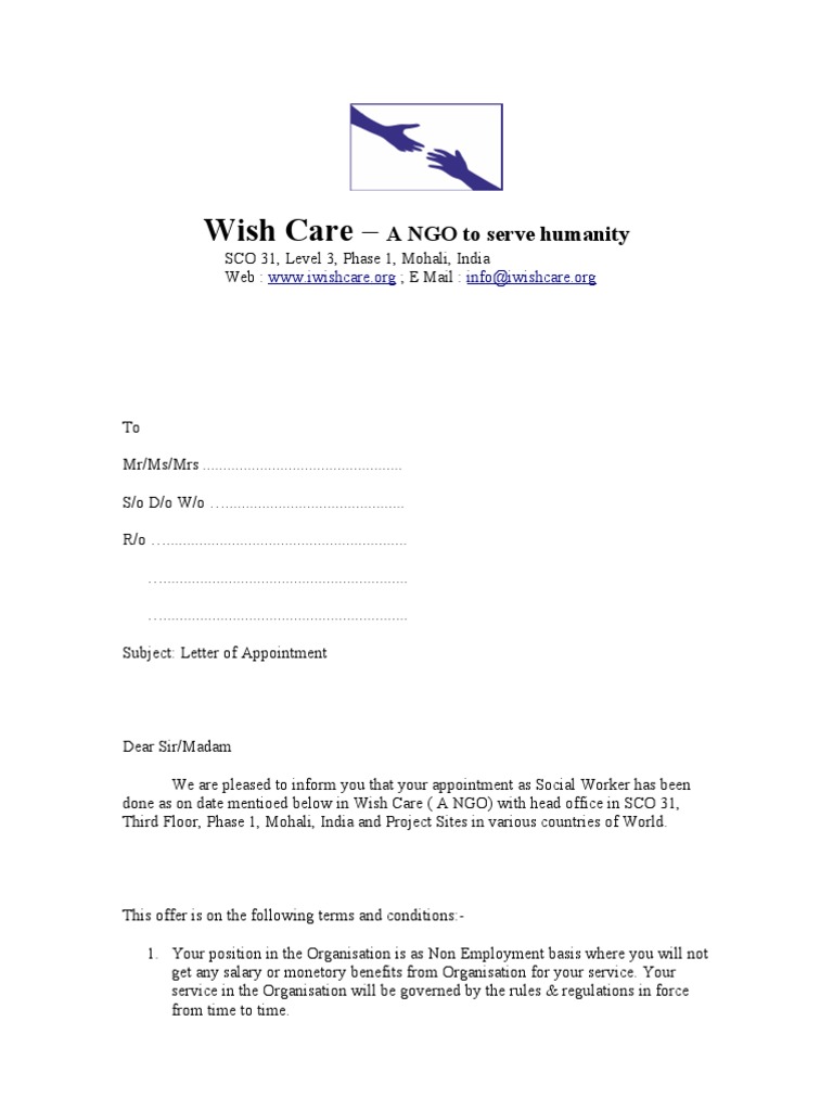 Appointment Letter Social Workers Signature Welfare