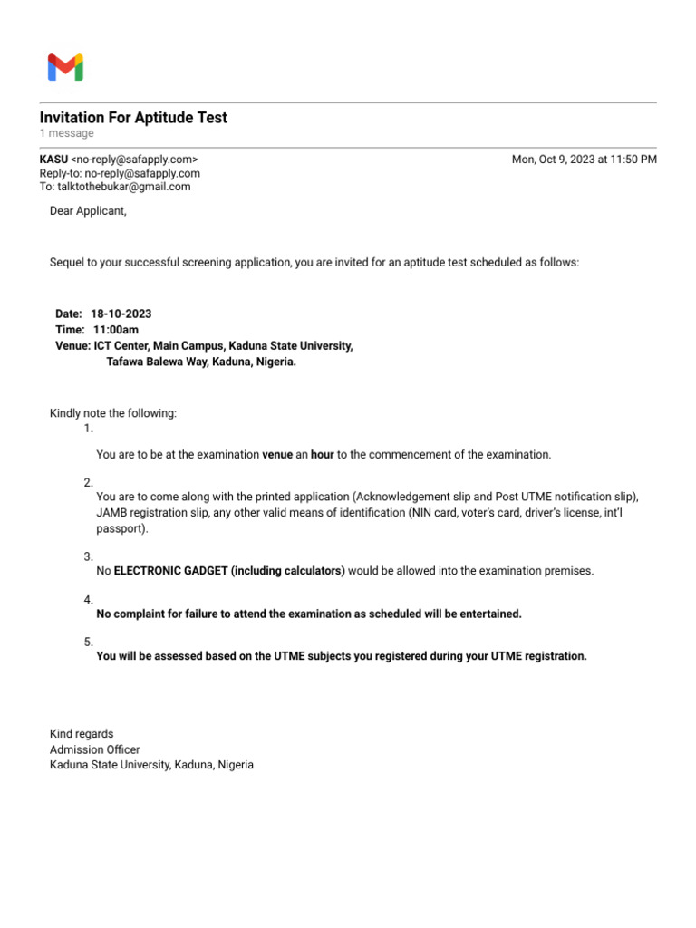 Aptitude Test Invitation Details | PDF