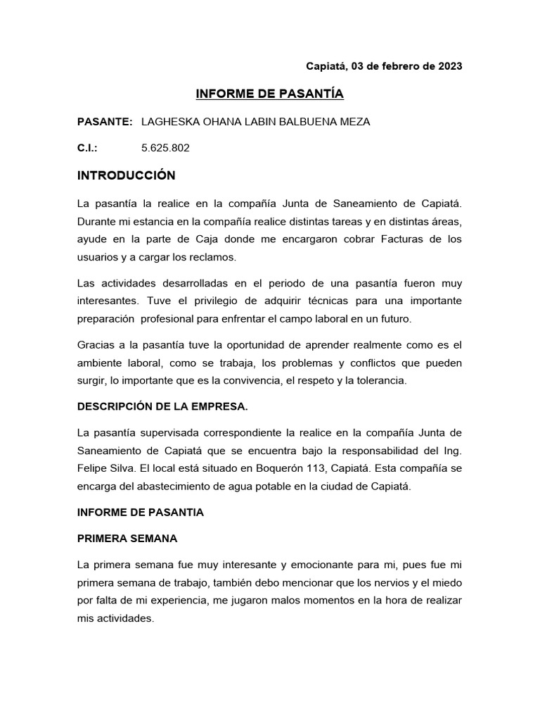 Informe de Pasantía en Capiatá | PDF
