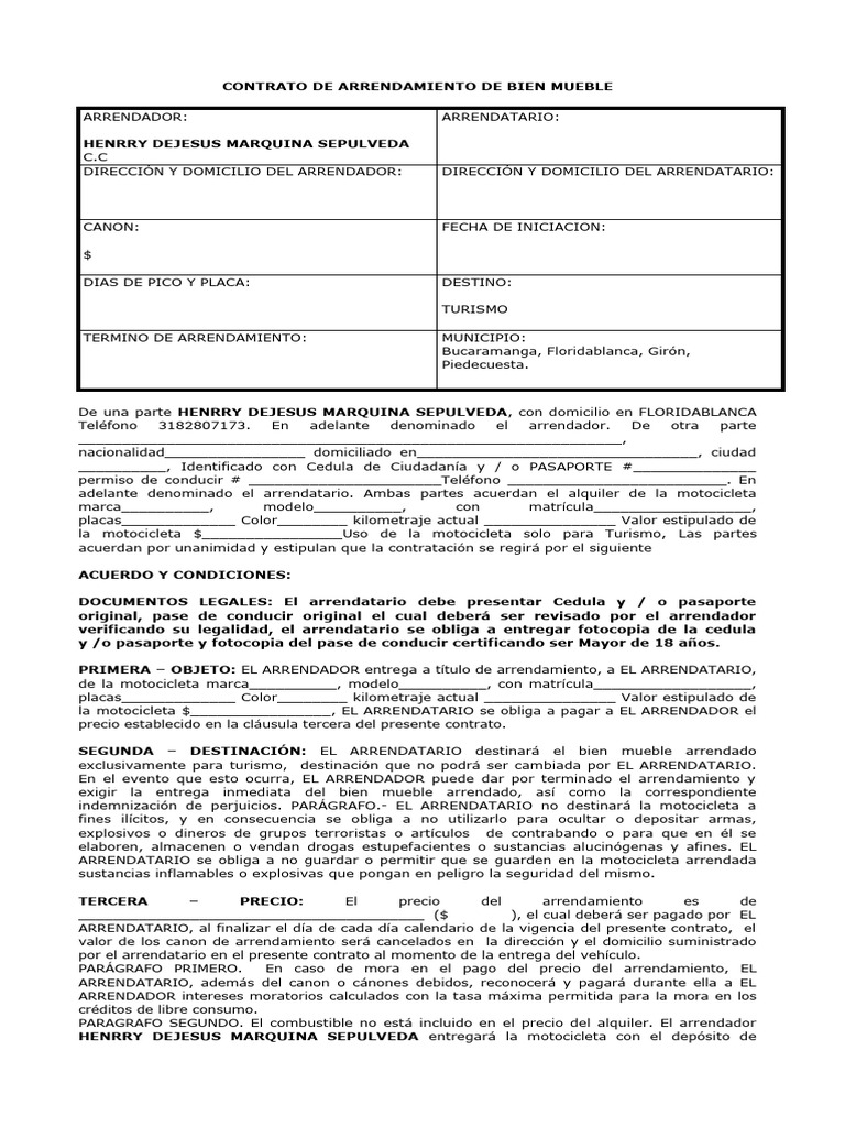 Contrato de Alquiler de Motocicleta | PDF | Daños y perjuicios | Seguro ...