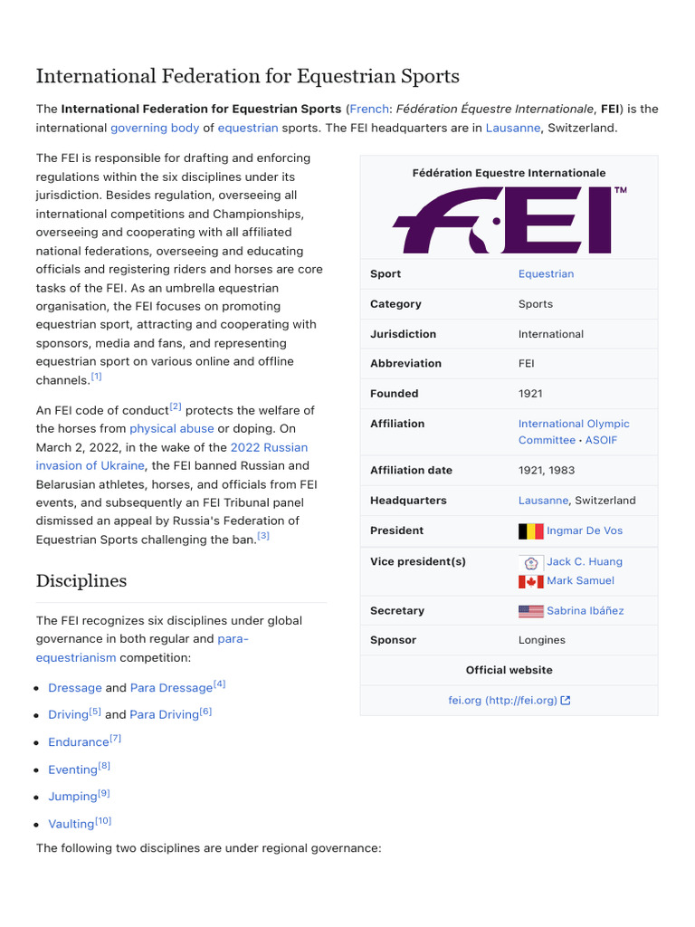 International Federation For Equestrian Sports PDF Sports
