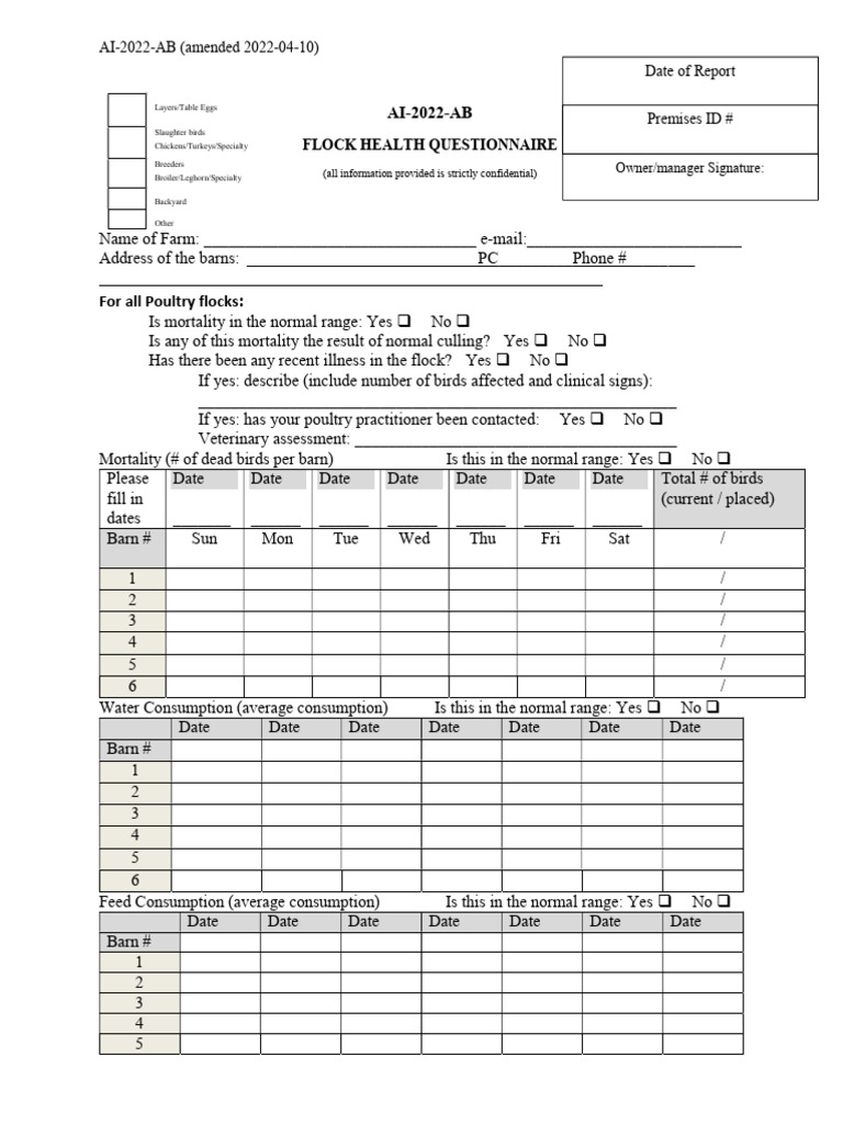 AI2022AB Commercial Flock Health Questionnaire PDF Chicken Meat