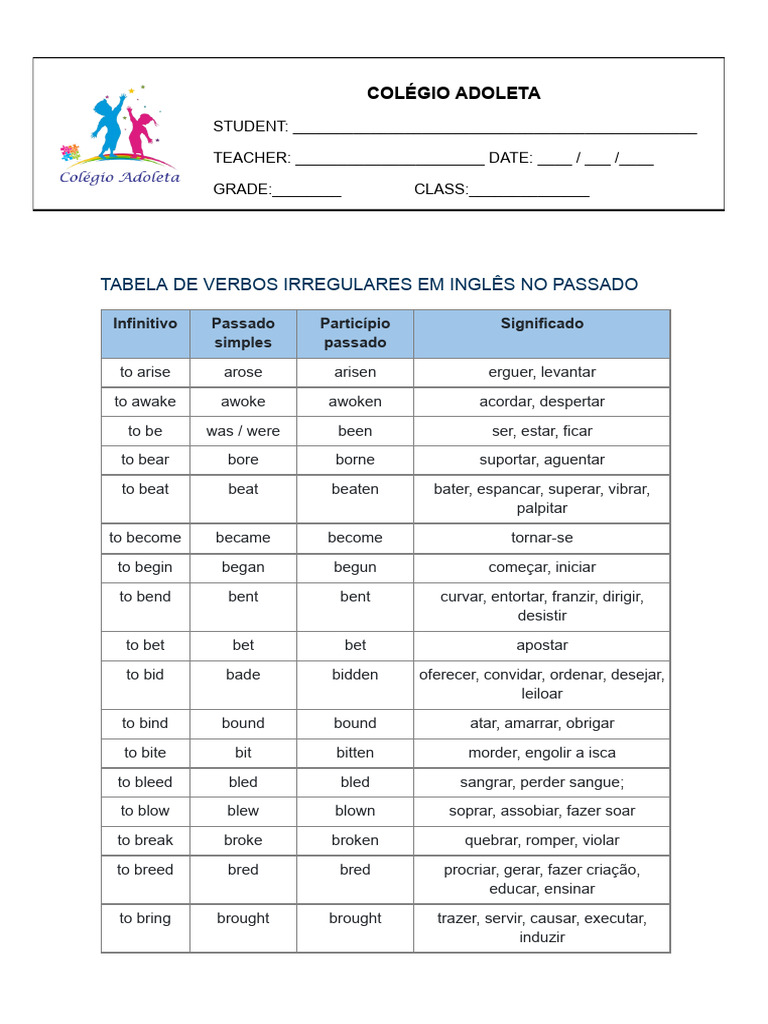 Tabela Dos Verbos Irregulares No Past Simple | PDF | Language Arts ...