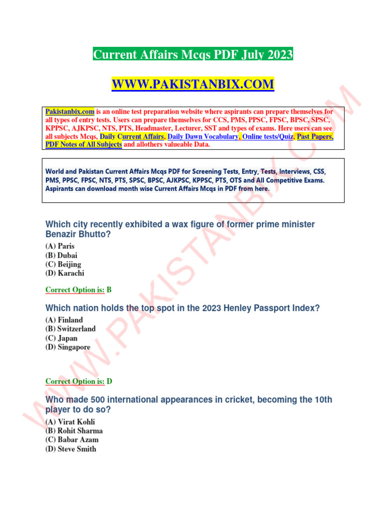 July 2023 Current Affairs MCQs PDF | PDF | High Speed Rail | Pakistan