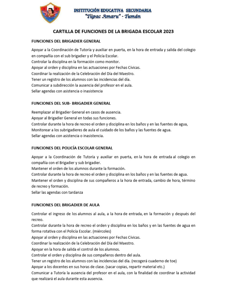 Funciones de la Brigada Escolar 2023 | PDF