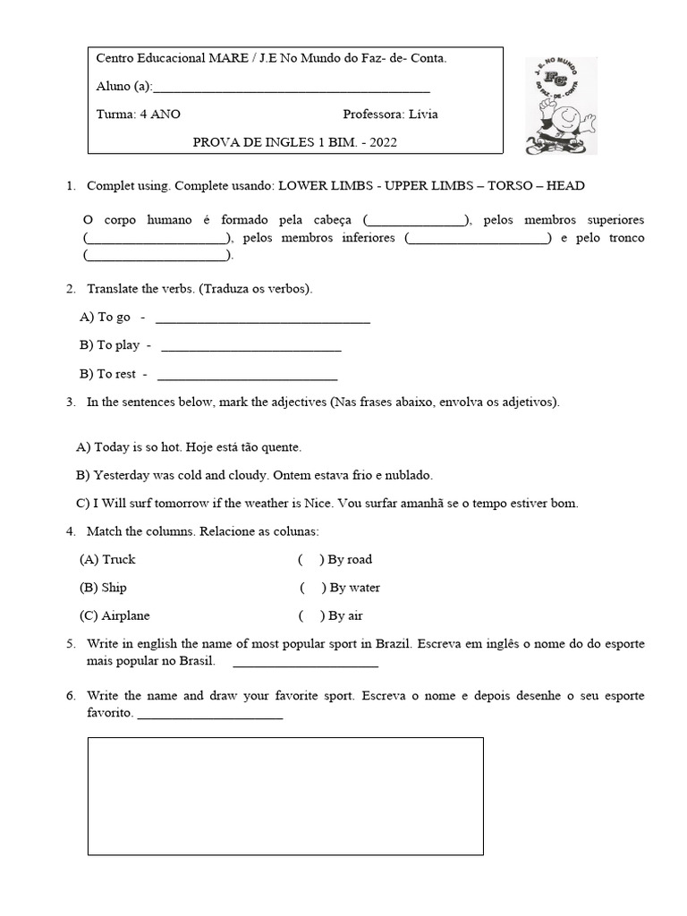 Prova de Inglês 4º Ano - 2022 | PDF | Métodos e Materiais de Ensino