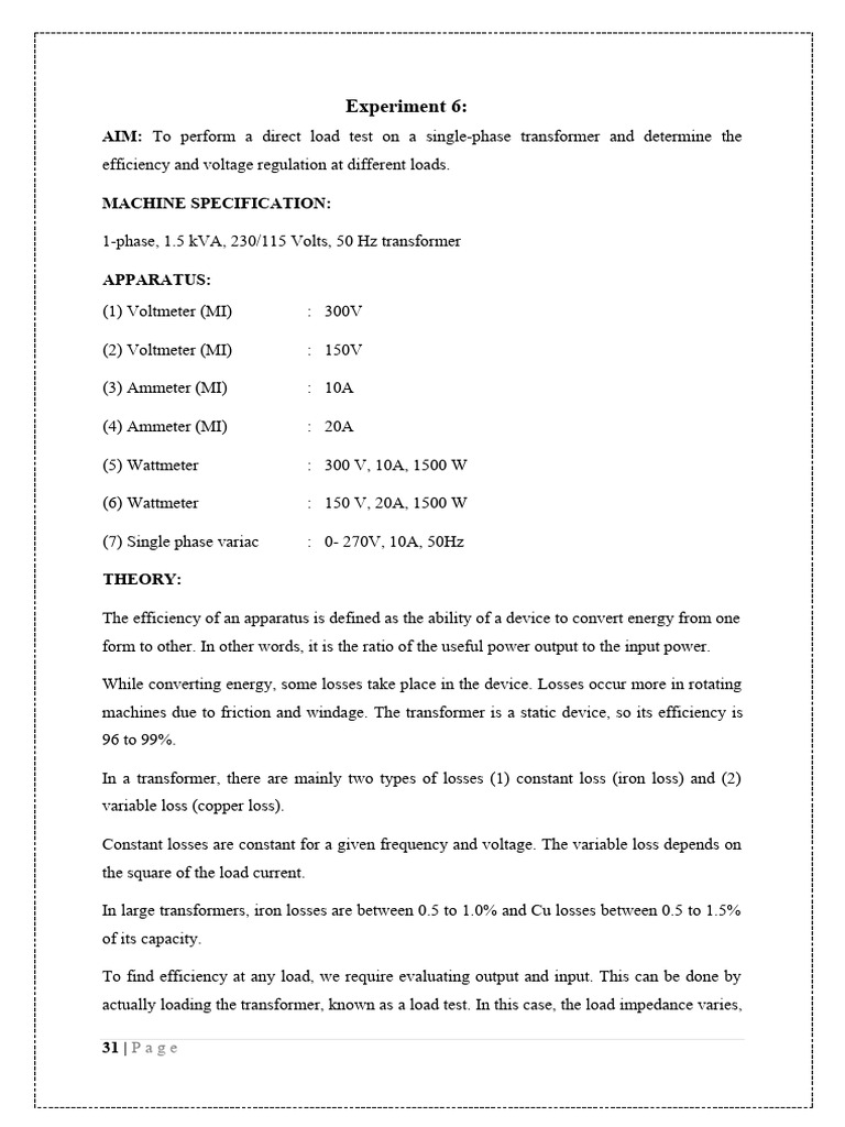 EEE Lab Manual PDF Ac Power Transformer