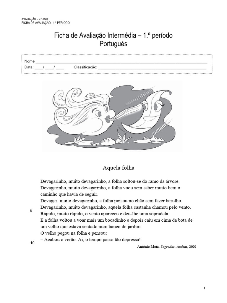Ficha de Avaliação 2.º Ano - 1.º Período | PDF | Artes Linguísticas e ...
