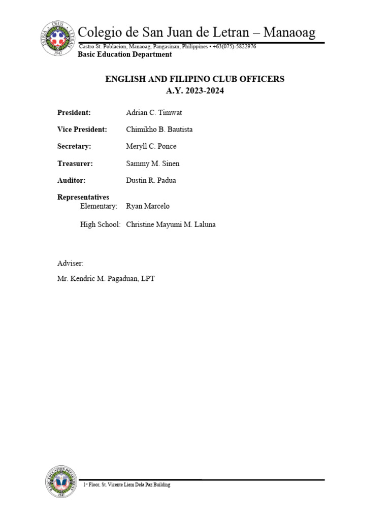 English and Filipino Club Officers 2023-24 | PDF