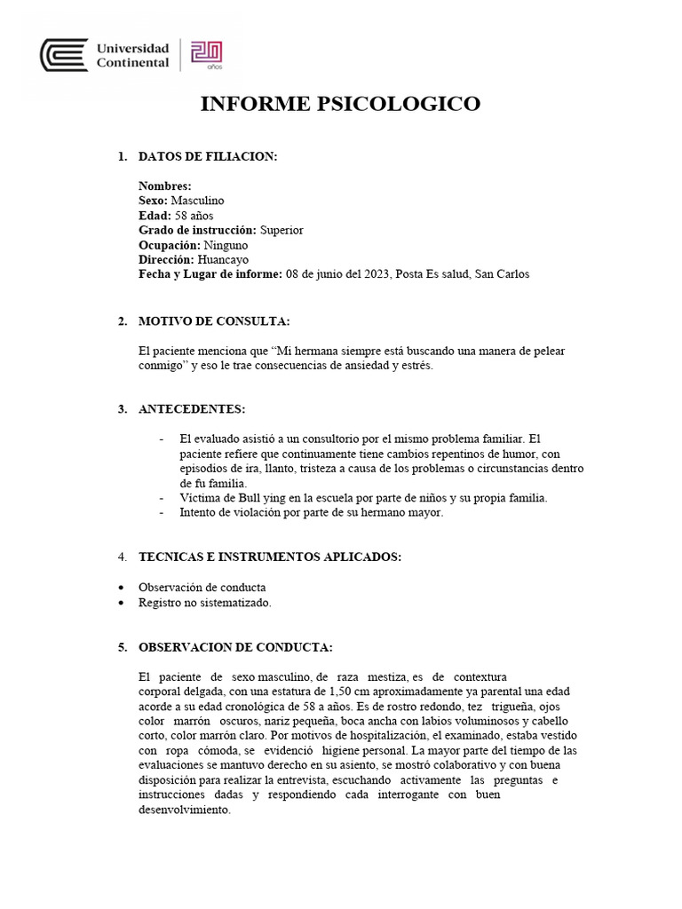 Informe Psicológico de Paciente Masculino | PDF | Las emociones ...