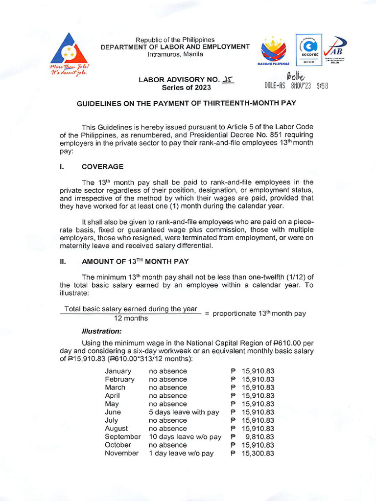 Labor advisory no 25 23 guidelines on the payment of thirteenth month
